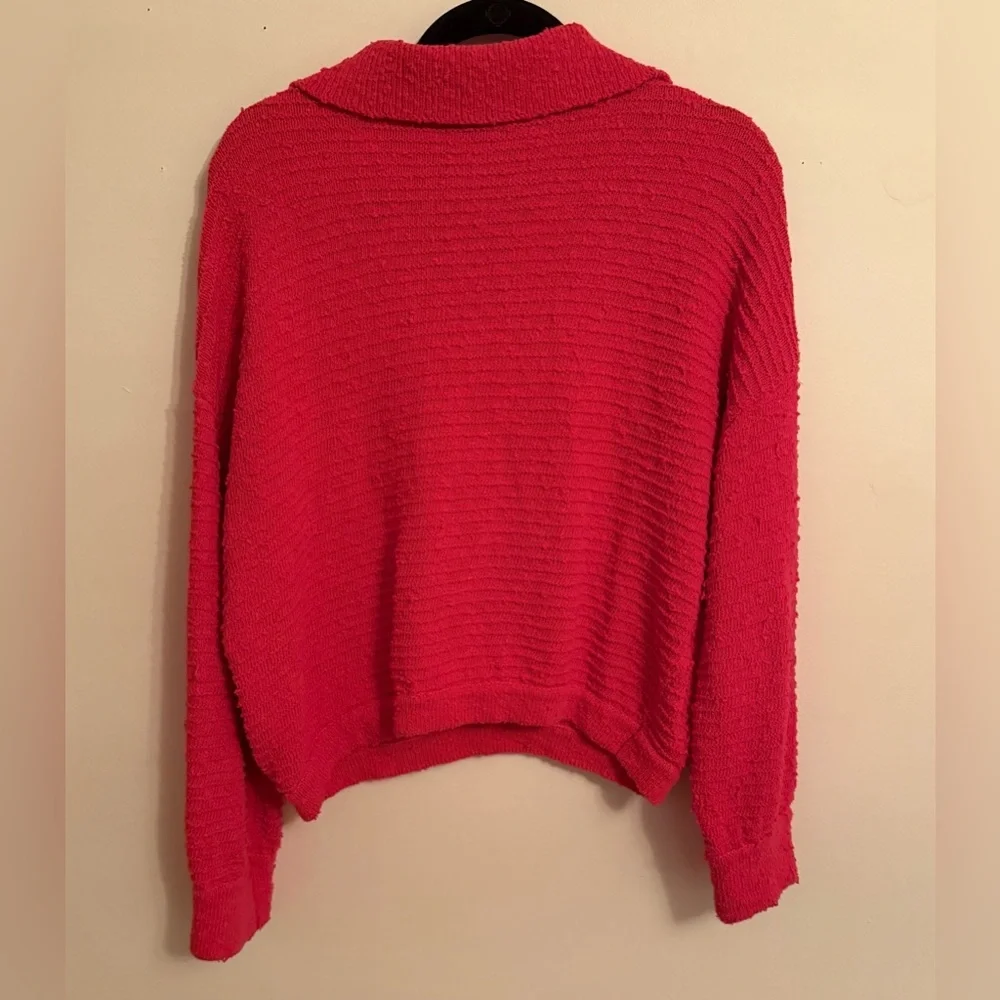 Free People Beach Carter Collared V Neck Polo Sweater Textured Fuchsia - Picture 2 of 7